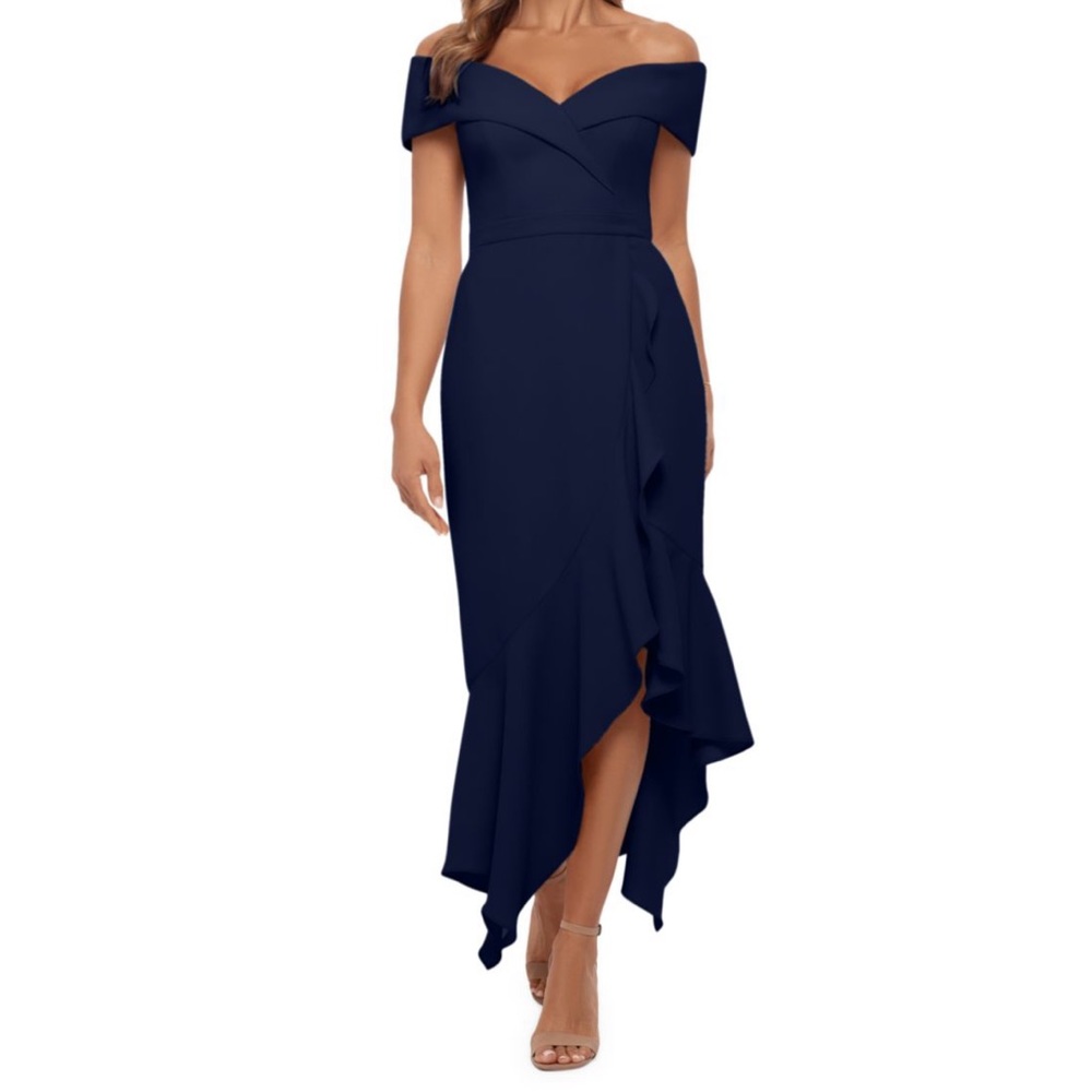 Xscape Off-the-shoulder Midi Dress Navy Blue Size 6